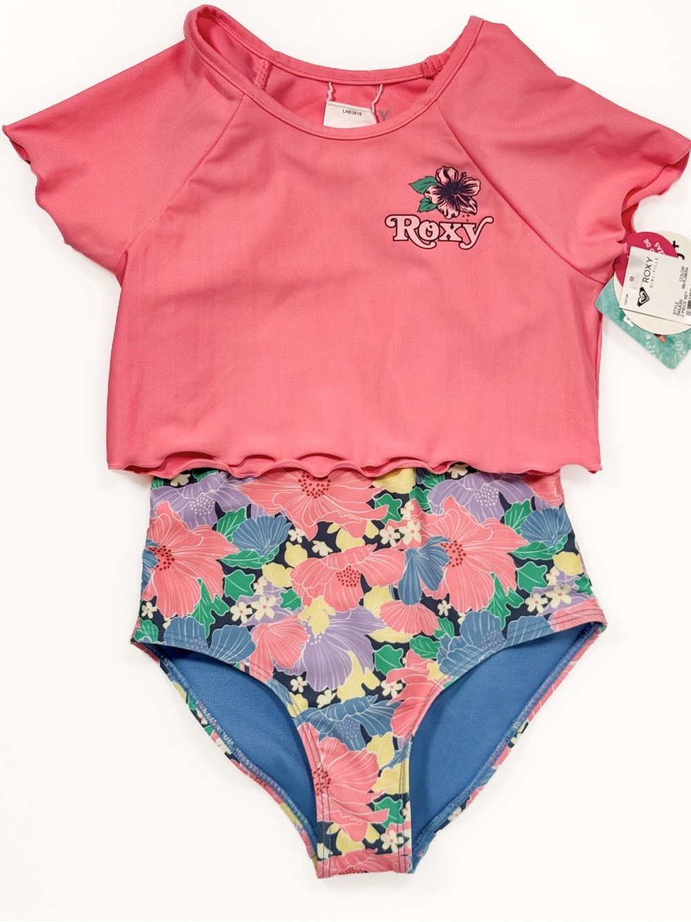 Roxy Girl Pink Floral 2 Piece Swim Set Crop Top One Piece Size 7 Plumeria